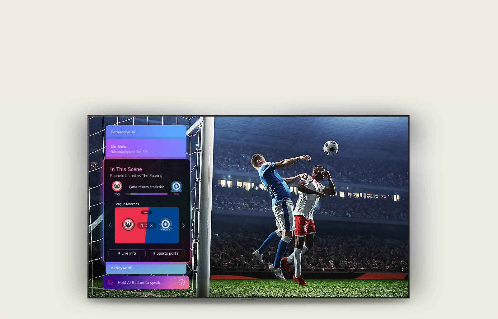 El pronóstico deportivo LG OLED evo AI G6 de AI Concierge muestra un partido de fútbol en vivo con un panel de AI en pantalla que presenta predicciones, información del juego y datos de la liga, sugiriendo cómo la AI analiza el juego para pronosticar los resultados del partido.